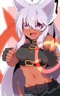 1girl animal_ear_fluff animal_ears bare_shoulders black_gloves black_pants blush breasts clenched_hand commentary_request crop_top d dark-skinned_female dark_skin facial_mark fang fingerless_gloves gloves grey_hair groin hair_between_eyes long_hair looking_at_viewer medium_breasts midriff navel ocha_no_mae open_mouth original outstretched_arm pants pink_background purple_eyes sensitive smile solo twitter_username two-tone_background very_long_hair whisker_markings white_background // 1710x2734 // 479.0KB