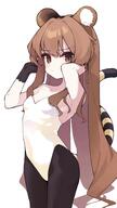 1girl animal_ears blush breasts brown_hair gloves leotard long_hair looking_at_viewer pantyhose sensitive simple_background solo standing tail very_long_hair // 2231x3967 // 475.4KB