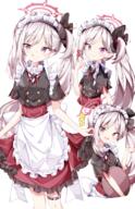 1girl alternate_costume alternative_costume apron asagi_mutsuki asymmetrical_hair blue_archive closed-mouth_smile clothing curtsey eighth_note enmaided frilled_apron frilled_skirt frills general halo highres looking_at_viewer maid maid_apron maid_headdress maid_uniform multiple_views music_note musical_note mutsuki_(blue_archive) open-mouth_smile open_mouth p pointy_ears purple_eyes q questionable red_halo red_skirt sabana short_skirt short_sleeves side_ponytail simple_background skirt thigh_strap tongue tongue_out tray very_long_hair violet_eyes white_apron white_background white_hair // 900x1398 // 1.4MB