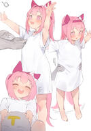 1girl animal_ears armpit_peek armpits arms_up blush carrying carrying_person closed_eyes ear_covers general hairband haru_urara_(umamusume) highres horse_ears horse_girl horse_tail long_shirt no_pants open_mouth pink_hairband ponytail shirt short_sleeves t-head_trainer_(umamusume) t-shirt tail trainer_(umamusume) twitter.com umamusume white_shirt xaea_xp xeae_exp // 1200x1717 // 868.9KB