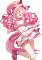 1girl absurdres alternate_costume animal_ears blush bow breasts cheerleader choker closed_eyes commentary_request crop_top cropped_jacket ear_bow ear_covers freely2327 hair_intakes hairband haru_urara_(umamusume) headband highres holding holding_pom_poms horse_ears horse_girl horse_tail jacket long_hair navel open_clothes open_jacket open_mouth pink_choker pink_hair pink_headband pink_shoes pink_sports_bra pom_pom_(cheerleading) pom_poms ponytail red_headband shirt shoes sidelocks simple_background skirt smile socks solo sports_bra standing standing_on_one_leg stomach tail umamusume white_background white_jacket white_skirt white_socks // 2480x3508 // 7.7MB