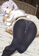 1girls 2d ass ass_focus bed bedroom black_pantyhose capelet closed_mouth crotch crotch_seam earrings elf elf_ears elf_female explicit feet feet_focus fists_clenched frieren frieren_beyond_journey's_end green_eyes indoors jewelry laying_down laying_on_bed laying_on_stomach legs legs_up long_sleeves looking_at_viewer looking_back no_shoes one_leg_up panties panties_under_pantyhose pantyhose pantyhose_feet pillow pointy_ears poncho short_eyebrows skirt sole_female soles solo thick_ass thick_thighs thighs to_bari toe_seam turning_head twintails underwear white_capelet white_hair white_panties white_sheets white_shirt white_skirt // 1382x1944 // 1.6MB