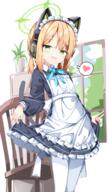 1girl animal_ear_headphones animal_ears apron blonde_hair blue_archive cat_ear_headphones cat_ears chair clothes_lift commentary_request fake_animal_ears general green_eyes green_halo halo headphones heart highres holding maid maid_headdress midori_(blue_archive) midori_(maid)_(blue_archive) open_mouth paid_reward_available pantyhose partial_commentary pixiv_19098713 sabana skirt skirt_lift smile tail white_apron white_pantyhose ミドリ // 900x1584 // 1.1MB