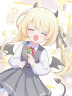 1girl anzen_robo_(474zz) blonde_hair blue_archive closed_eyes clover commentary_request demon_girl demon_horns demon_tail demon_wings dress facing_viewer four-leaf_clover general hair_ribbon halo horns ibuki_(blue_archive) long_hair long_sleeves neck_ribbon open_mouth pinafore_dress ribbon sleeveless sleeveless_dress smile solo tail twintails wings // 768x1024 // 1.2MB