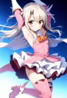 1girl alma_(user_fuww4522) armpits arms_up bare_shoulders blonde_hair blush boots breasts detached_sleeves elbow_gloves fatekaleid_liner_prisma_illya fate_(series) feather_hair_ornament feathers gloves hair_ornament illyasviel_von_einzbern long_hair looking_at_viewer magical_girl pink_footwear pink_thighhighs red_eyes sensitive skirt small_breasts smile solo thigh_boots thighhighs white_gloves // 1664x2432 // 4.0MB
