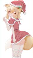 1girl animal_ear_fluff animal_ears ass blaya_art blush brown_hair capelet claw_pose dress fang fishnet_thighhighs fishnets fox_ears fox_girl fox_tail fur-trimmed_capelet fur_trim hair_between_eyes hat highres looking_at_viewer open_mouth red_capelet red_dress red_hat santa_costume santa_dress santa_hat senko_(sewayaki_kitsune_no_senko-san) sensitive sewayaki_kitsune_no_senko-san short_hair skin_fang solo tail tail_under_clothes thighhighs white_background // 1177x2048 // 177.1KB