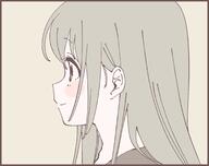 1girl black_border blush_stickers border brown_shirt closed_mouth double-parted_bangs from_side general grey_background grey_eyes grey_hair hair_over_shoulder highres long_hair looking_ahead namori original shirt sidelocks simple_background smile solo // 2104x1663 // 224.0KB