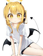 1girl absurdres adult black_ribbon black_shorts blonde_hair blue_archive collarbone commentary demon_girl demon_horns demon_tail demon_wings female gelbooru gelbooru_11652527 general hair_ribbon halo highres horns ibuki_(blue_archive) light_blush loli long_hair looking_at_viewer o pointy_ears ribbon sensitive shirt shorts sidelocks simple_background solo syuerito_99 t-shirt tail white_background white_shirt wings yellow_eyes yellow_halo // 4160x5350 // 7.1MB