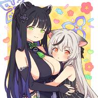 2girls animal_ears armpit_crease bare_shoulders black_bridal_gauntlets black_dress black_hair blue_archive blue_halo breasts bridal_gauntlets china_dress chinese_clothes cleavage closed_mouth commentary_request crossed_bangs dress green_eyes grey_hair halo hug kokona_(blue_archive) large_breasts long_hair looking_at_viewer multicolored_hair multiple_girls onyhakase orange_eyes ponytail pout sensitive shun_(blue_archive) siblings sisters sleeveless sleeveless_dress smile t tiger_ears tiger_girl two-tone_hair very_long_hair // 700x700 // 473.3KB