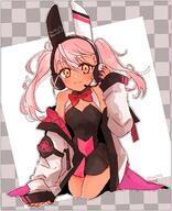 1girl 3 adjusting_headphones alternate_costume animal_ear_headphones animal_ears arm_up black_leotard bow bowtie checkered_background chloe_von_einzbern commentary_request covered_navel dark-skinned_female dark_skin fake_animal_ears fatekaleid_liner_prisma_illya fate_(series) full_body hair_between_eyes hand_on_ground headphones jacket kneeling leotard looking_at_viewer microphone multicolored_leotard off_shoulder pink_hair pink_leotard pink_nails red_bow red_bowtie saihara sensitive smile solo twintails twitter_username two-tone_leotard white_jacket yellow_eyes // 1196x1475 // 1.1MB