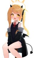 1girl black_jacket blonde_hair blue_archive blue_dress blush collared_shirt commentary d demon_girl demon_horns demon_tail demon_wings dress feet_out_of_frame general halo highres horns ibuki_(blue_archive) jacket long_hair looking_at_viewer low_wings neck_ribbon off_shoulder on_stool open_clothes open_jacket open_mouth parted_bangs pinafore_dress red_ribbon ribbon shirt simple_background sitting sleeveless sleeveless_dress smile solo stool tail teeth tisofofo twintails upper_teeth_only white_background wings yellow_eyes yellow_halo // 1113x1872 // 898.0KB