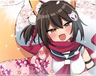 1girl animal_ear_fluff animal_ears blue_archive brown_hair cherry_blossoms cherry_tree detached_collar eyebrows_hidden_by_hair fox_ears fox_tail general hair_ornament hairpin halo izuna_(blue_archive) japanese_clothes kimono neck_ribbon nomeshi open_mouth pink_halo pink_kimono print_kimono red_ribbon red_scarf ribbon scarf school_uniform sky sleeveless smile sunlight tail weapon // 1313x1038 // 204.1KB