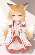1girl animal_ear_fluff animal_ears apron blaya_art blonde_hair blush brown_apron dot_nose fox_ears fox_girl fox_tail general hair_between_eyes hakama highres japanese_clothes kimono kneeling miko own_hands_together pout red_hakama ribbon-trimmed_sleeves ribbon_trim senko_(sewayaki_kitsune_no_senko-san) sewayaki_kitsune_no_senko-san short_hair signature solo tail white_background white_kimono wide_sleeves yellow_eyes // 1301x2048 // 218.6KB
