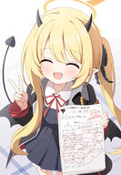 1girl ^_^ academic_test armband asymmetrical_sidelocks azel_(laevateinn495) black_coat blonde_hair blue_archive blue_dress blush calculus closed_eyes coat commentary_request demon_horns demon_tail demon_wings dress facing_viewer general halo highres holding holding_paper horns ibuki_(blue_archive) long_hair long_sidelocks math neck_ribbon one_side_up paper pinafore_dress pleated_dress pointy_ears red_armband red_ribbon ribbon school_uniform shirt sidelocks sleeveless sleeveless_dress smile solo tail test_score translation_request v very_long_hair very_long_sidelocks white_shirt wings yellow_halo // 1325x1920 // 1.2MB