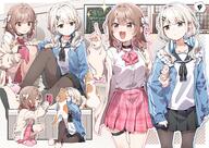 2girls 3 ^_^ animal arms_up black_choker black_sailor_collar black_skirt blonde_hair blue_cardigan blue_hair blush bow breasts brown_cardigan brown_eyes brown_hair brown_pantyhose brown_slippers cardigan cat cat_cafe cat_teaser cellphone choker closed_eyes closed_mouth collarbone collared_shirt commentary_request commission d dress_shirt fang frills general grey_eyes hair_bow hair_ornament hairclip highres holding holding_animal holding_phone locked_arms long_hair long_sleeves low_twintails medium_breasts multicolored_hair multiple_girls open_cardigan open_clothes open_mouth original outline pantyhose phone pink_bow pink_outline pink_skirt pink_slippers plaid_bow plaid_clothes plaid_skirt pleated_skirt pointing puffy_long_sleeves puffy_sleeves sailor_collar school_uniform serafuku shirt skeb_commission skirt sleeves_past_wrists slippers smile socks sparkle spoken_squiggle squatting squiggle streaked_hair translation_request twintails two_side_up v-shaped_eyebrows white_bow white_outline white_shirt white_socks yukie_(kusaka_shi) // 3187x2257 // 1.2MB