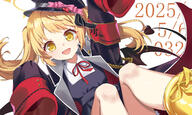 1girl absurdres black_coat black_hat black_skirt blonde_hair blue_archive boots coat commentary dated demon_tail english_commentary general halo hat highres ibuki_(blue_archive) long_sleeves looking_at_viewer open_clothes open_coat open_mouth red_ribbon ribbon shirt skirt sleeves_past_fingers sleeves_past_wrists solo tail white_background white_shirt yaoyaozi_bu_shi_renjian_yanhuo yellow_boots yellow_eyes yellow_halo // 5760x3440 // 7.0MB