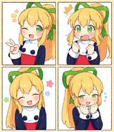 1girl blonde_hair blush capcom closed_eyes commentary_request dress female general green_eyes green_ribbon hair_ribbon long_hair mega_man_(classic) mega_man_(series) multiple_views one_eye_closed onyhakase open_mouth ponytail ribbon rockman roll roll_(mega_man) smile tied_hair v v_sign // 700x817 // 481.0KB