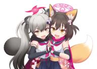 2girls 3 animal_ears bandage black_gloves black_hair black_scarf black_skirt blue_archive blush cat_smile chidori_michiru close commentary_request d elbow_gloves eyeshadow fang fingerless_gloves fox_ears fox_girl fox_hair_ornament fox_tail foxgirl general gloves gradient_hair gray_hair grey_hair hadanugi_dousa hair_between_eyes hair_ornament halo holding_hands interlocked_fingers izuna_(blue_archive) japanese_clothes kuda_izuna kuji-in long_hair long_sleeves looking_at_viewer makeup medium_hair michiru_(blue_archive) mugisepa multicolored_hair multiple_girls ninja one_side_up open_kimono open_mouth pink_halo pleated_skirt pom_pom_(clothes) pom_pom_hair_ornament raccoon_ears raccoon_girl raccoon_hair_ornament raccoon_tail red_eyeshadow red_scarf rope scarf school_uniform serafuku shimenawa short_eyebrows short_hair sidelocks simple_background skin_fang skirt sleeveless smile tail thick_eyebrows twintails two-tone_hair white white_background wide_sleeves wristwear yellow_eyes // 2801x2000 // 2.8MB