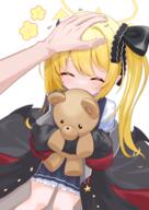 1boy 1girl ^_^ absurdres asymmetrical_sidelocks bare_legs black_coat blonde_hair blue_archive blue_dress closed_eyes coat commentary_request demon_horns demon_wings dress edgar00 feet_out_of_frame general halo headpat hetero highres horns hugging_doll hugging_object ibuki_(blue_archive) pinafore_dress pointy_ears school_uniform shirt side_ponytail simple_background sleeveless sleeveless_dress sleeves_past_fingers sleeves_past_wrists stuffed_animal stuffed_toy teddy_bear white_background white_shirt wings yellow_halo // 2480x3508 // 3.6MB