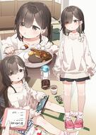 1girl 1other absurdres black_skirt brown_eyes brown_hair closed_mouth collarbone commentary commentary_request curry curry_rice eating food fried_egg general hair_over_one_eye handheld_game_console highres holding holding_spoon long_sleeves multiple_views no_shoes off_shoulder on_floor original parted_lips pink_shoes pleated_skirt puffy_long_sleeves puffy_sleeves rice shirt shoes sitting skirt sleeves_past_wrists small_sweatdrop socks spoon striped_clothes striped_socks sweat t tatami tissue_box translated translation_request twitter.com white_shirt yukie_(kusaka_shi) yukkieeeeeen // 2257x3187 // 905.9KB