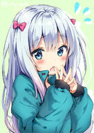 10s 1_female 1girl bangs blue_eyes blush bow commentary_request eromanga_sensei eyebrows eyebrows_visible_through_hair female general grey_hair hair_between_eyes hair_bow hair_ornament izumi_sagiri jacket long_hair looking_at_viewer mature open_mouth own_hands_together pink_bow pov riichu safe sensitive silver_hair solo steepled_fingers // 496x700 // 124.2KB