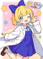 1girl ;d blonde_hair blue_bow blue_dress blue_eyes blue_hair blue_hairband blue_ribbon bow bow_hairband brown_shoes coat collared_shirt colored_inner_hair commentary commentary_request dress dress_shirt general hair_bow hairband lab_coat loafers looking_at_viewer medium_hair multicolored_hair neck_ribbon one_eye_closed onyhakase open_clothes open_coat open_mouth original pinafore_dress ribbon shirt shoes sleeveless sleeveless_dress smile socks solo two-tone_hair white_coat white_shirt white_socks // 800x1091 // 578.9KB