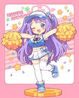 1girl armpits blue_archive blue_bow blue_eyes blue_hat blue_ribbon blue_shirt blue_shoes blue_skirt bow breasts character_name commentary commentary_request crop_top fang full_body hair_bow hair_ornament halo hanae_(blue_archive) hanae_(cheer_squad)_(blue_archive) hat heart heart_hair_ornament heart_sticker large_breasts long_hair midriff navel neck_ribbon one_eye_closed onyhakase open_mouth outstretched_arms pink_halo pom_pom_(cheerleading) purple_hair ribbon sensitive shirt shoes skin_fang skirt smile sneakers solo standing standing_on_one_leg sticker_on_face sweat thighhighs two-tone_skirt two_side_up very_long_hair visor_cap white_skirt white_thighhighs x_hair_ornament // 700x875 // 455.0KB