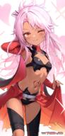 1girl 2025 ;) armpits aviary bikini black_bikini breasts cape chloe_von_einzbern commentary copyright_logo dark-skinned_female dark_skin fatekaleid_liner_prisma_illya fate_(series) female female_focus legs loli long_hair navel one_eye_closed orange_eyes pink_hair questionable red_cape revision sensitive small_breasts smile solo standing stomach stomach_tattoo swimsuit tattoo thighs white_background // 1600x3333 // 4.7MB