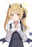 1girl absurdres black_horns black_ribbon black_skirt black_wings blonde_hair blue_archive commentary_request demon_tail general hair_ribbon halo highres horns ibuki_(blue_archive) long_sleeves looking_to_the_side low_wings pointy_ears ribbon school_uniform simple_background skirt solo sparkle tail toki_kimagure white_background wings yellow_eyes yellow_halo // 2099x3129 // 652.2KB