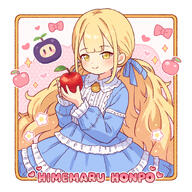 1girl apple blonde_hair blue_dress blue_ribbon closed_mouth collared_dress commentary_request dress food fruit general hair_ribbon holding holding_food holding_fruit long_hair long_sleeves looking_at_viewer low_twintails onyhakase original ribbon smile solo twintails very_long_hair yellow_eyes // 680x680 // 336.4KB