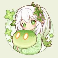 1_female 1girl alternate_costume asymmetrical_hair bangs blush commentary commentary_request cute dendro_slime_(genshin_impact) eyes female general genshin_impact gradient_hair green_eyes green_hair green_sweater hair_between_eyes hair_ornament leaf_hair_ornament long_hair long_sleeves looking_at_viewer mihoyo multicolored_hair nahida_(genshin_impact) onyhakase pointy_ears ponytail side_ponytail slime_(genshin_impact) solo star star-shaped_pupils star_(symbol) sweater symbol-shaped_pupils tied_hair unusual_pupils upper_body white_hair 原神 // 700x700 // 381.0KB