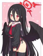 1girl 2025 aged_down black_choker black_hair black_panties black_wings blue_archive blush choker closed_mouth cowboy_shot feathered_wings female female_focus flying_sweatdrops hair_between_eyes halo hasumi_(blue_archive) legwear loli long_hair long_sleeves looking_at_viewer low_wings neckerchief onyhakase panties red_eyes red_neckerchief sailor_collar school_uniform sensitive side-tie_panties side_slit simple_background skirt smile solo standing sweatdrop thighhighs thighs underwear very_long_hair white_sailor_collar wings // 850x1112 // 609.3KB