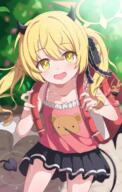 1girl absurdres alternate_costume animal_print backpack bag bear_print black_ribbon black_skirt blonde_hair blue_archive blurry blurry_background blush breasts bright_pupils child collarbone commentary commentary_request d day demon_girl demon_horns demon_tail demon_wings female frilled_shirt frills general hair_between_eyes hair_ribbon halo happy highres horns ibuki_(blue_archive) jojifuku long_hair looking_at_viewer low_wings mikoshi_(user_wvyd4348) miniskirt open_mouth outdoors pink_shirt plant questionable randoseru red_bag ribbon shirt sidelocks skirt small_breasts smile solo stone_floor sunlight tail thighs twintails wings yellow_eyes yellow_halo // 2600x4093 // 15.7MB