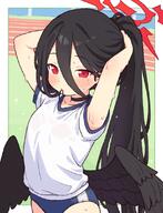 1girl 2025 adjusting_hair armpits black_choker black_hair black_wings blue_archive blush buruma choker closed_mouth feathered_wings female female_focus gym_shirt gym_uniform halo hasumi_(blue_archive) hasumi_(track)_(blue_archive) loli long_hair looking_at_viewer low_wings missing_commentary mole mole_under_eye mouth_hold official_alternate_costume onyhakase ponytail red_eyes sensitive shirt short_sleeves simple_background solo sweat tied_hair tying_hair wet white_shirt wings // 850x1112 // 693.2KB