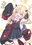 1girl arm_up asymmetrical_hair bandaid bandaid_on_knee bandaid_on_leg black_coat black_dress black_horns black_ribbon blonde_hair blue_archive child coat commentary d demon_girl demon_horns demon_tail dress female general giorgio_(yo_sumire_sola1) hair_ribbon highres horns ibuki_(blue_archive) long_sleeves looking_at_viewer open_mouth ponytail questionable ribbon shirt side_ponytail simple_background single_sidelock sleeves_past_fingers sleeves_past_wrists smile solo tail tied_hair white_background white_shirt yellow_eyes // 1488x2105 // 1.6MB