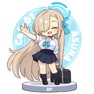 1girl asuna_(blue_archive) asuna_(school_uniform)_(blue_archive) bag black_bag black_choker black_footwear black_legwear black_shoes black_skirt black_socks blue_archive blue_bow blue_bowtie blue_neckwear blue_ribbon blush bow bowtie breasts brown_hair character_name chibi choker closed_eyes collared_shirt commentary eyes_closed facing_viewer female general hair_ornament hair_over_one_eye hair_ribbon halo holding kneehighs large_breasts light_brown_hair long_hair millennium_science_school_logo onyhakase open_mouth pleated_skirt ribbon school_bag school_uniform shirt shoes simple_background skirt smile socks solo standing uniform very_long_hair white_shirt // 700x700 // 304.0KB