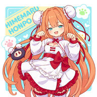 1girl apron blue_eyes bow bowtie breasts brown_hair bun_cover cleavage clenched_hands commentary_request cowboy_shot double_bun dress dress_bow fangs frilled_apron frilled_dress frilled_thighhighs frills hair_bun hair_intakes hair_ribbon hands_up long_hair long_sleeves looking_at_viewer onyhakase open_mouth original paw_pose red_bow red_bowtie red_ribbon ribbon sensitive shrug_(clothing) smile solo thighhighs very_long_hair white_apron white_dress white_shrug white_thighhighs // 640x640 // 345.4KB