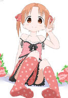 1girl bare_shoulders brown_eyes brown_hair camisole cynical_(llcbluckg_c004) flat_chest food fruit ichigo_mashimaro looking_at_viewer matsuoka_miu polka_dot_thighhighs sensitive short_hair sitting skirt smile solo strawberry thighhighs twintails v // 2656x3832 // 2.1MB