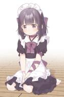 1girl absurdres apron arm_ribbon barefoot between_legs black_dress blush bow bowtie choker commission dress fallenshadow flat_chest full_body general hair_bow hand_between_legs highres indie_virtual_youtuber light_smile looking_at_viewer maid maid_headdress on_floor protected_link purple_eyes ribbon second-party_source short_hair sitting skeb_commission solo violet_eyes virtual_youtuber wariza yukie_(kusaka_shi) // 2500x3800 // 7.8MB