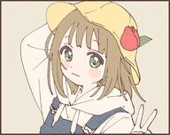 1girl 3 arm_behind_head arm_up black_border blue_overalls blush_stickers border brown_hair child drawstring female flower general green_eyes grey_background hat hat_flower highres hood hoodie long_sleeves looking_at_viewer medium_hair namori original overalls paper_texture red_flower red_tulip simple_background smile solo tulip v v_sign white_hoodie yellow_hat // 2104x1663 // 1.7MB