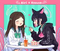 2girls airi_(blue_archive) animal_ears black_hair black_jacket blue_archive bow bowtie brown_hair brown_pantyhose cake cake_slice cat_ears chair closed_eyes colored_inner_hair commentary commentary_request cup drinking_glass drinking_straw feeding food food-themed_hair_ornament fork general green_bow green_bowtie green_neckerchief hair_ornament hairclip halo holding holding_fork hood hood_down hooded_jacket ice_cream_hair_ornament jacket kazusa_(blue_archive) long_hair long_sleeves looking_at_another multicolored_hair multiple_girls neckerchief notice_lines on_chair onyhakase open_mouth pantyhose pink_eyes pink_hair pink_halo pleated_skirt school_uniform serafuku shirt short_hair sitting skirt smile strawberry_cake table thigh-highs thighhighs two-tone_hair white_halo white_serafuku white_shirt white_skirt white_thighhighs // 820x691 // 485.8KB
