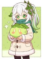1girl alternate_costume black_legwear black_pantyhose blush coat commentary dendro_slime_(genshin_impact) female general genshin_impact green_eyes green_hair green_scarf hair_between_eyes hair_ornament holding holding_stuffed_toy legwear long_hair long_sleeves mihoyo nahida_(genshin_impact) onyhakase pantyhose ponytail scarf side_ponytail simple_background slime_(genshin_impact) solo stuffed_toy tied_hair white_hair // 680x927 // 94.9KB