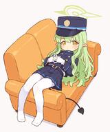 1girl black_jacket black_skirt blue_archive closed_mouth commentary couch female general gloves green_hair grey_background hair_between_eyes halo hat hikari_(blue_archive) interlocked_fingers jacket legwear long_hair long_sleeves looking_at_viewer no_shoes on_couch onyhakase own_hands_together pantyhose pleated_skirt pointy_ears reclining simple_background sitting skirt solo tail white_gloves white_legwear white_pantyhose yellow_eyes // 700x840 // 300.5KB