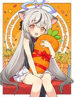 1girl animal_ear_fluff animal_ears bare_arms bare_shoulders black_dress black_hair blue_archive blue_halo box carrot-shaped_pillow character_name china_dress chinese_clothes cleavage_cutout clenched_hand clothing_cutout commentary_request d diamond_cutout dress flower general gift gift_box gradient_hair grey_hair halo happy_birthday holding holding_pillow kokona_(blue_archive) long_hair looking_at_viewer multicolored_hair onyhakase open_mouth orange_eyes pillow sitting sleeveless sleeveless_dress smile solo streaked_hair striped_clothes striped_dress sunflower tiger_ears tiger_girl two-tone_hair very_long_hair // 700x915 // 140.7KB