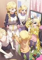 5girls absurdres apron black_bow black_shirt blonde_hair bow bowl braid character_doll chibigurumi cleaning cleaning_rag cooking_pot curtains doll faceless faceless_female flat_screen_tv fujita_kotone fujita_kotone's_sister gakuen_idolmaster general glowstick gold_jacket hair_bow highres holding holding_cooking_pot holding_glowstick idolmaster indoors kayari_buta kneehighs light_blush long_sleeves looking_at_another mittens multiple_girls open_mouth penlight_(glowstick) pink_mittens rice_bowl shelf shirt siblings sisters slice_of_life smile socks spoon stuffed_toy sunglasses table television tile_floor tiles toy tsukimura_temari twin_braids white_apron white_socks wiping yukie_(kusaka_shi) // 2257x3187 // 1.1MB