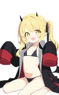 1girl absurdres adult asymmetrical_hair bangs bare_legs bikini bikini_under_clothes black_bikini black_coat black_horns black_ribbon black_wings blonde_hair blue_archive blush breasts bright_pupils c-r-carlos chinese_commentary coat collared_coat commentary commentary_request covered_erect_nipples covered_nipples d demon_girl demon_horns demon_wings dot_nose female gelbooru gelbooru_12042943 grey_coat groin hair_ribbon hands_up highres horns ibuki_(blue_archive) legs loli long_sleeves looking_at_viewer low_wings medium_hair micro_bikini multicolored_coat navel no_halo open_clothes open_coat open_mouth oversized_clothes parted_bangs pointy_ears ponytail red_coat red_sleeve_cuffs ribbon sensitive side_ponytail sidelocks simple_background sitting sleeve_cuffs sleeves_past_fingers sleeves_past_wrists small_breasts smile solo stomach swept_bangs swimsuit tareme tied_hair two-sided_coat two-sided_fabric unfinished wariza white_background white_pupils wings yellow_eyes // 5000x8018 // 4.0MB