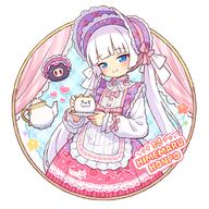1girl blue_eyes blunt_bangs bonnet bow closed_mouth collared_dress commentary_request cup dress general hair_bow holding holding_cup holding_saucer long_hair looking_at_viewer multicolored_dress onyhakase original pink_bow pink_dress print_dress purple_bonnet purple_dress saucer smile solo teacup teapot twintails very_long_hair white_hair // 680x680 // 461.0KB