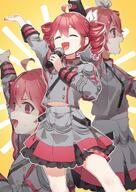1girl ^_^ absurdres ahoge arm_up closed_eyes commentary_request d drill_hair empty_eyes feet_out_of_frame general grey_shirt grey_skirt hair_between_eyes hair_ribbon highres holding holding_microphone kasane_teto kasane_teto_(sv) long_sleeves microphone midriff_peek multicolored_hair multiple_views navel open_mouth outline red_eyes red_hair ribbon shirt skirt smile standing streaked_hair sweat synthesizer_v tetoris_(synthesizer_v) twin_drills twintails utau white_hair white_outline white_ribbon yellow_background yukie_(kusaka_shi) // 2257x3187 // 1.0MB