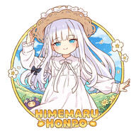 1girl blue_bow blue_eyes bow bowtie braid brown_hat closed_mouth collared_dress commentary_request dress field general hair_bow hand_on_headwear hand_up hat long_hair long_sleeves looking_at_viewer onyhakase original outdoors single_braid smile solo straw_hat white_bow white_bowtie white_dress white_hair // 640x640 // 288.2KB