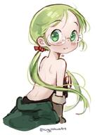 1girl apron artist_name back back_focus bare_shoulders blonde_hair blush brown_apron brown_gloves closed_mouth coat coat_around_waist commentary female glasses gloves green_coat green_eyes green_hair hair_ribbon kingjoshua loli long_hair looking_at_viewer looking_back made_in_abyss questionable ribbon riko_(made_in_abyss) sensitive simple_background solo twintails twitter_username undressing upper_body white_background // 634x905 // 58.1KB
